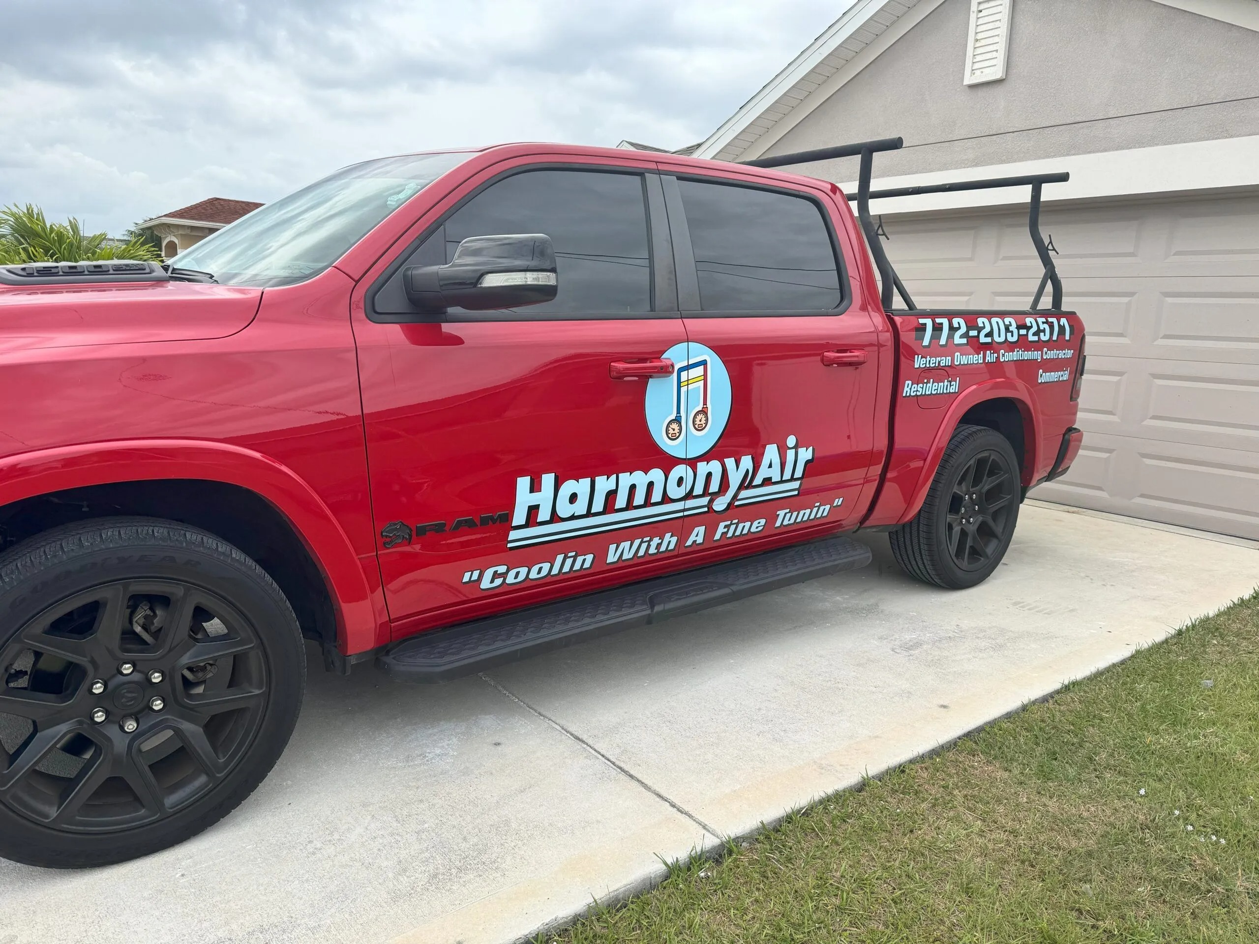 red HVAC technician truck
