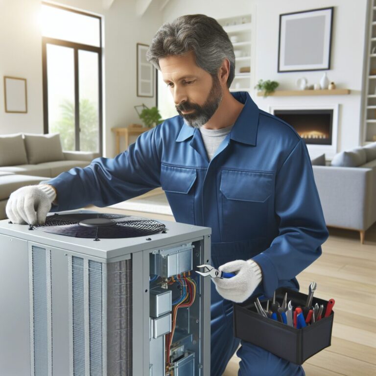tech working on heat pump in house